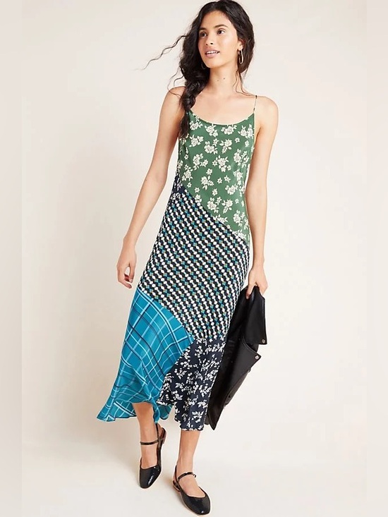 Anthropologie Dresses & Skirts - Anthropologie Kachel Patchwork 100% Silk Bias Cut Maxi Dress Green Blue Floral